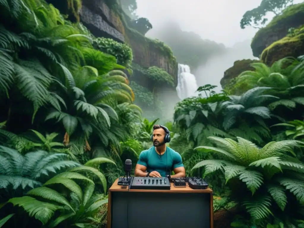 Sound engineer en la jungle prehistórica: detalle y precisión Ingeniero de sonido en la selva prehistórica ajustando micrófonos