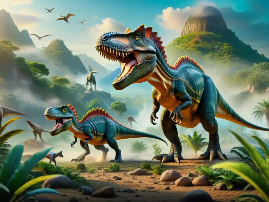 Una intensa competencia por recursos entre dinosaurios en un paisaje prehistórico detallado