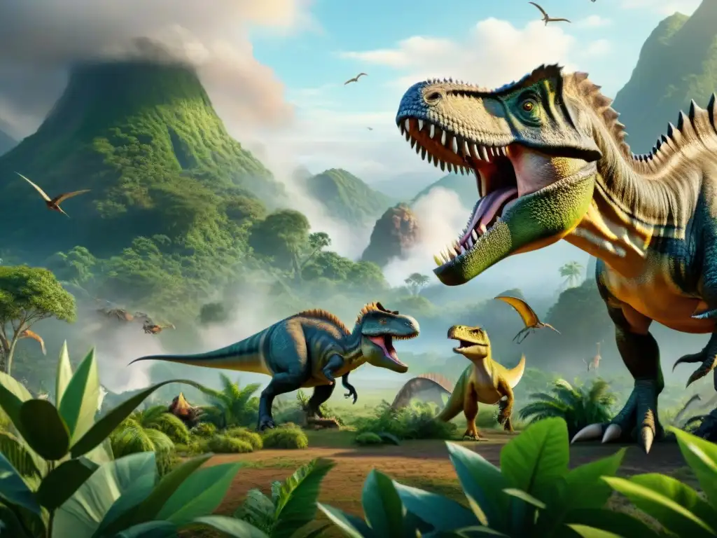 Una intensa competencia por recursos entre dinosaurios en un paisaje prehistórico exuberante