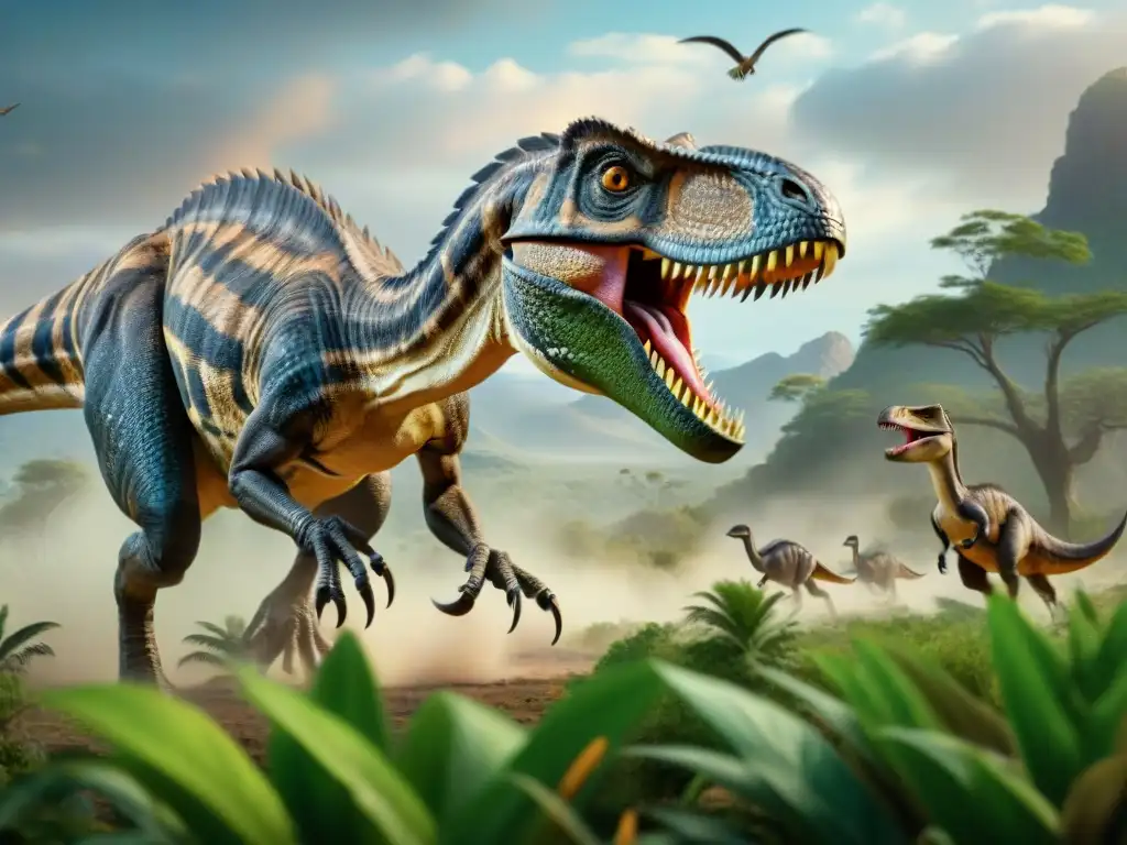 Velociraptor acechando a Gallimimus en paisaje prehistórico Intenso enfrentamiento entre un Velociraptor y un grupo de Gallimimus en un paisaje prehistórico