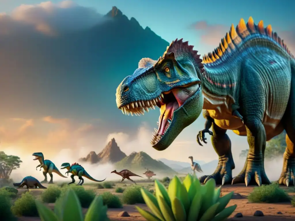 Intenso escenario prehistórico con dinosaurios compitiendo por recursos