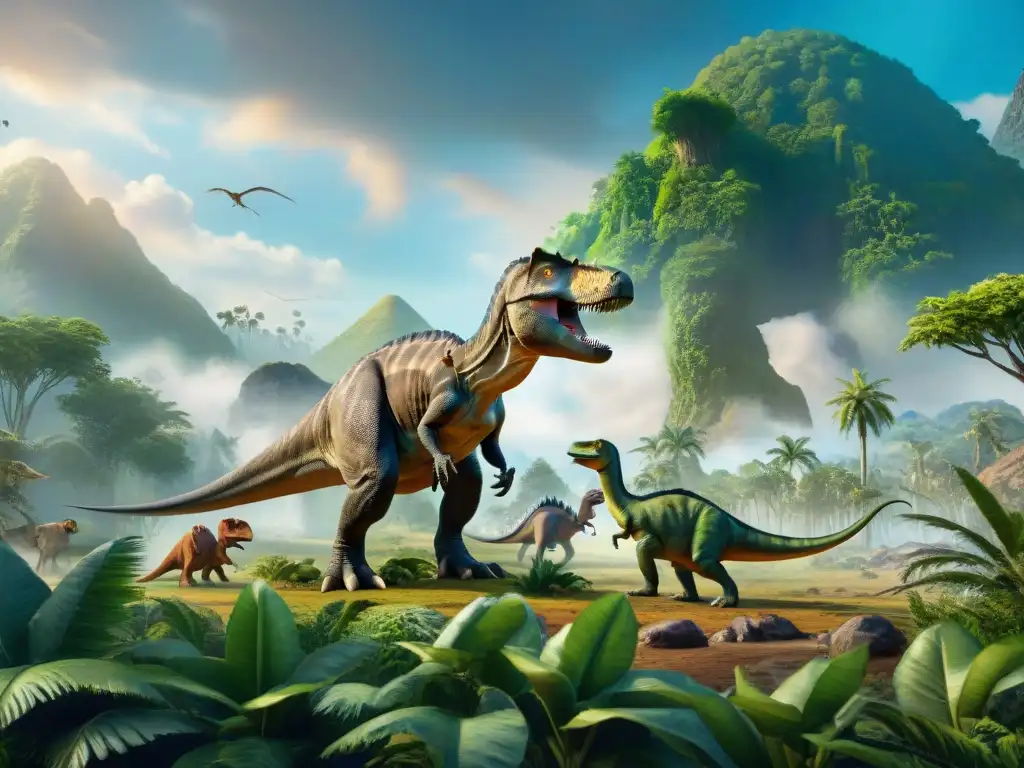 Intenso paisaje prehistórico con dinosaurios compitiendo por recursos entre dinosaurios