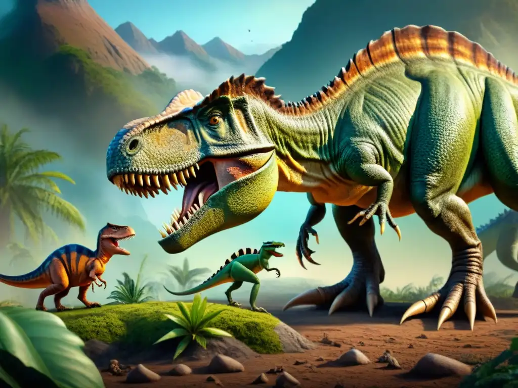 Escena prehistórica: insectos frente a dinosaurio gigante Intrincada ilustración de insectos interactuando con un dinosaurio, detallando su anatomía y escamas