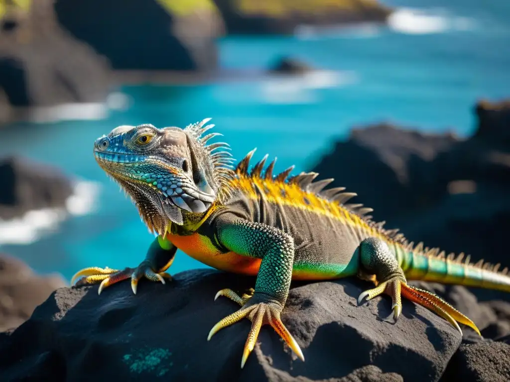 Evolución y biodiversidad en las Islas Galápagos: iguana marina detallada en rocas volcánicas