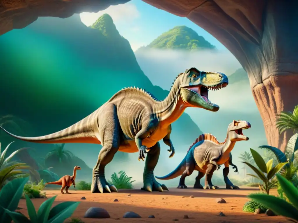 Jerarquía social en paisaje prehistórico con dinosaurios Jerarquía social en manadas de dinosaurios en un paisaje prehistórico detallado