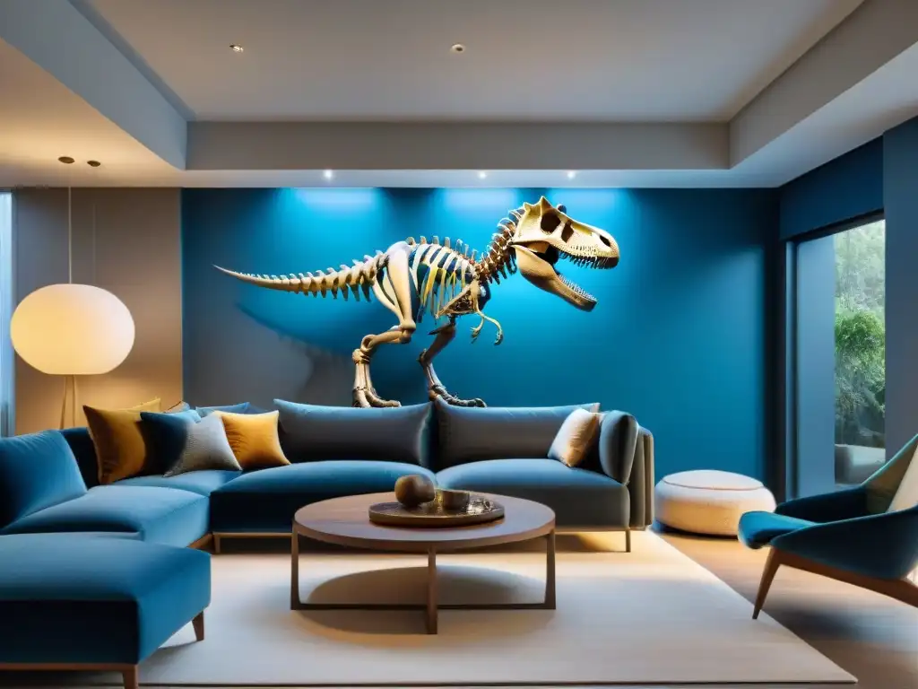 Decoración jurásica en interiores modernos: Salón elegante con esqueleto de T-Rex iluminado en foco