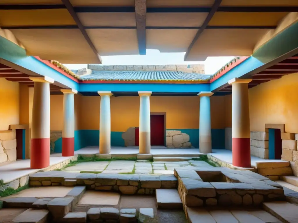 Misterios del Palacio de Knossos: Intrincadas ruinas y mitología griega Explora el laberinto de Knossos con frescos de dinosaurios en la mitología griega