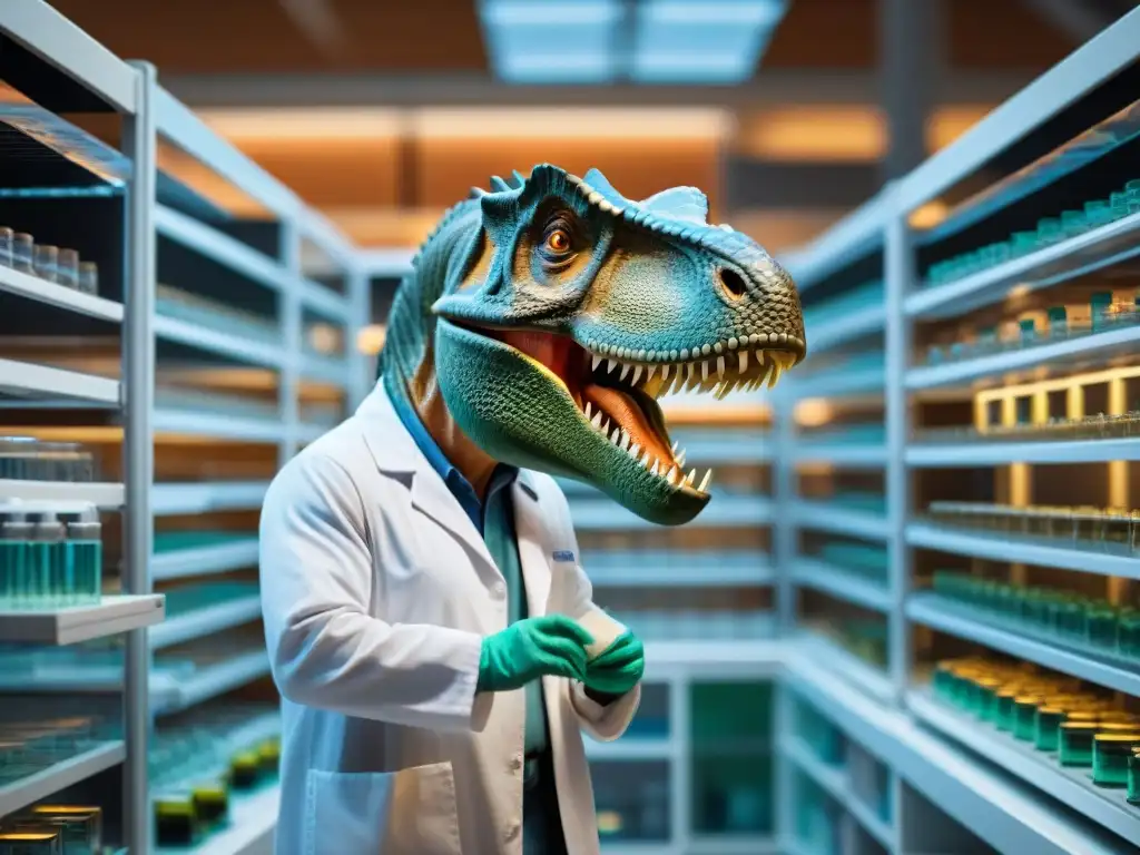 Clonación de ADN de dinosaurios en laboratorio de última generación Un laboratorio avanzado para la clonación de dinosaurios, con científicos, equipo genómico y muestras en estantes