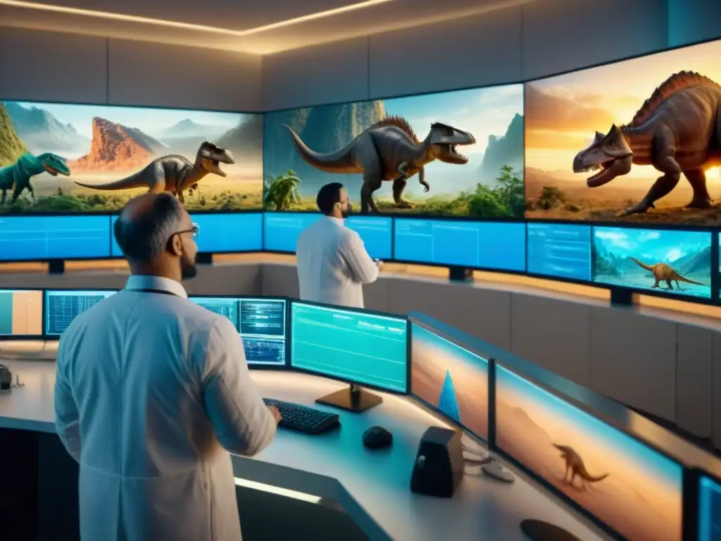 Descifrando el ADN de dinosaurios: científicos en laboratorio de vanguardia Un laboratorio de vanguardia donde un equipo de científicos analiza secuencias genéticas de dinosaurios