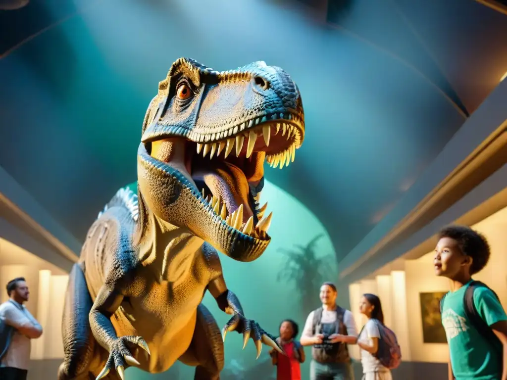 Emocionante encuentro con TRex: niños asombrados en museo Una representación mágica de dinosaurios en cultura: un TRex animatrónico impresionante observado por niños asombrados en exposición oscura