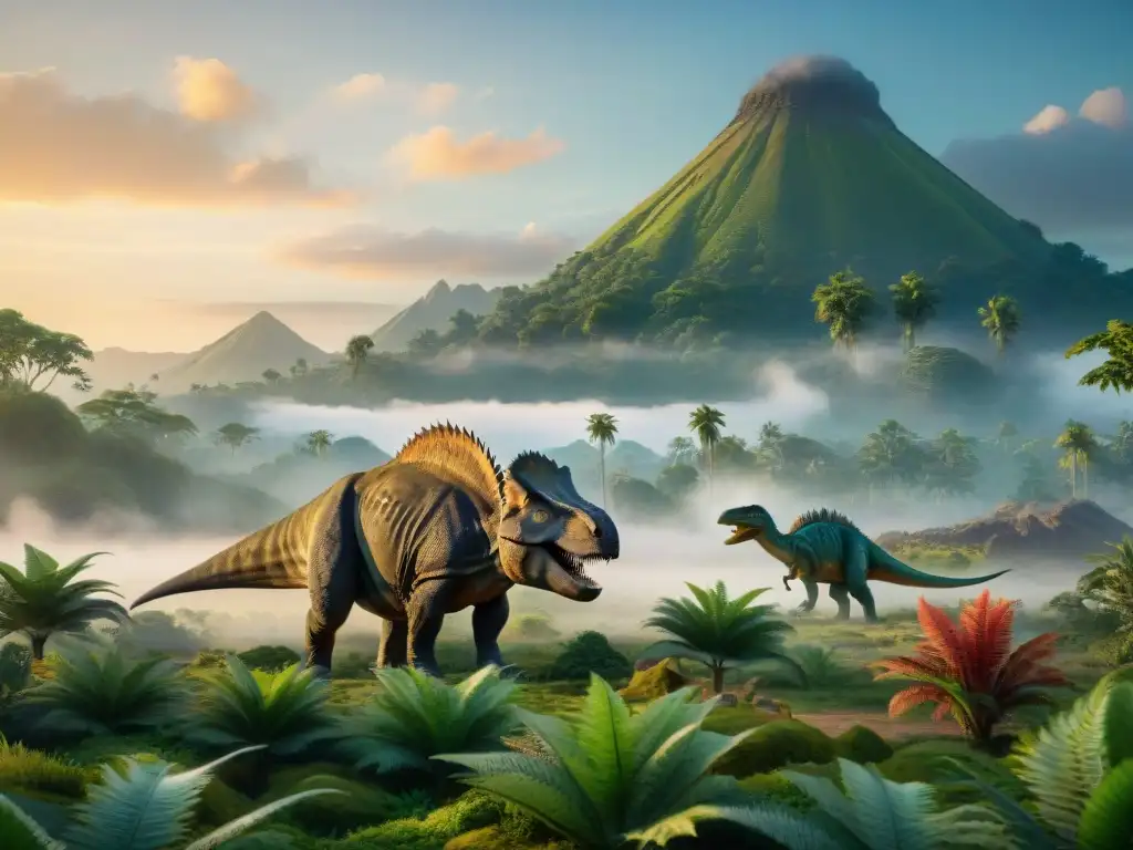Amanecer prehistórico: Triceratops en paz, T-Rex al acecho Una majestuosa escena prehistórica con dinosaurios en un mundo perdido