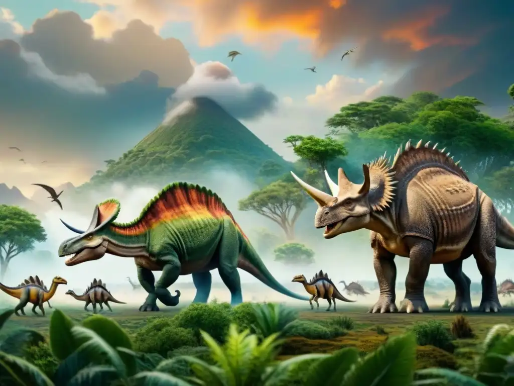 Épica migración de dinosaurios en paisaje prehistórico Majestuosa migración de dinosaurios en paleontología con Triceratops, Stegosaurus y Brachiosaurus en un paisaje prehistórico