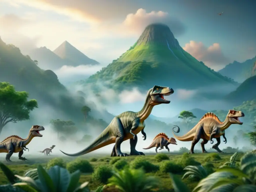 Migración de dinosaurios: escena detallada y majestuosa Una majestuosa migración de dinosaurios en paleontología a través de un paisaje prehistórico