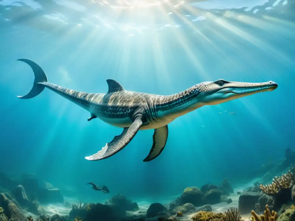 Elasmosaurus majestuoso surca océanos prehistóricos Una majestuosa reconstrucción de un Elasmosaurio nadando entre dinosaurios marinos y ammonites en un océano prehistórico