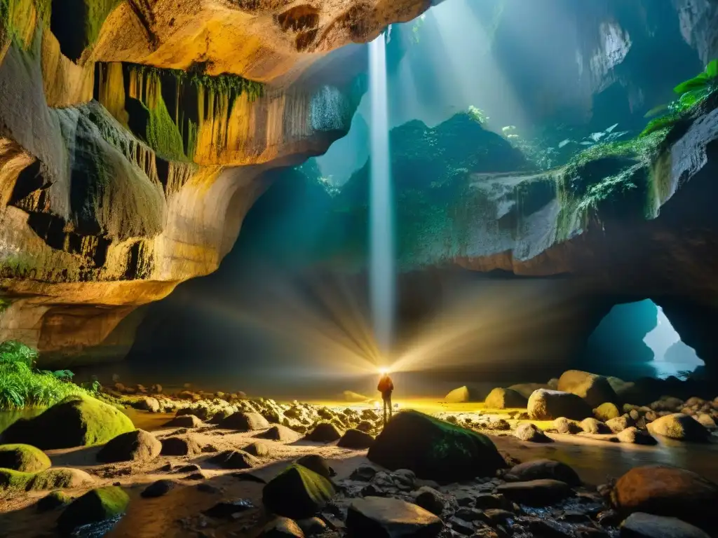 Maravillas subterráneas: Hang Son Doong en Vietnam Explora la majestuosidad de las cuevas prehistóricas Vietnam con esta imagen detallada de Hang Son Doong, iluminada por la luz del sol