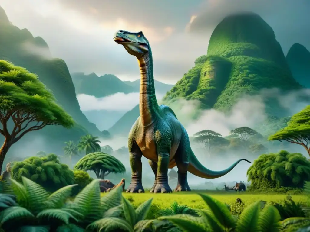 Brachiosaurio animado en paisaje prehistórico detallado Un majestuoso Brachiosaurus animado dominando un paisaje prehistórico exuberante