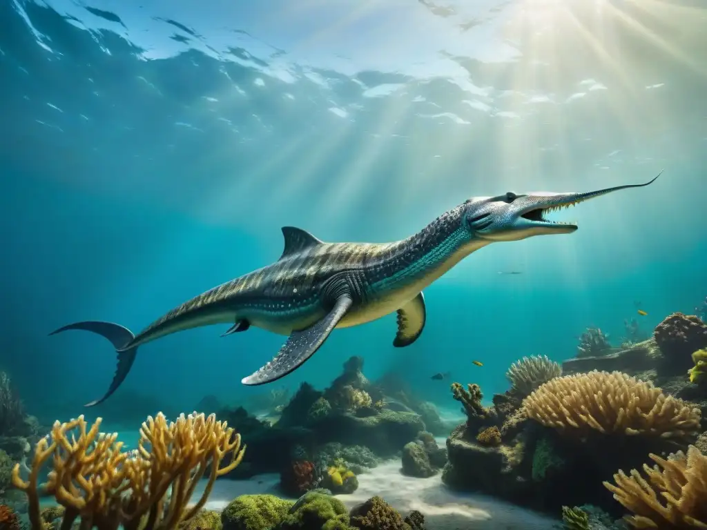 Ilustración detallada de Elasmosaurus surcando los antiguos mares Majestuoso Elasmosaurus surcando antiguos paisajes marinos, rodeado de vida acuática