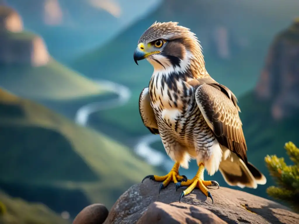 Águila majestuosa: detalle único de su mirada y plumaje Un majestuoso pájaro de presa en un acantilado, con patrones de plumas detallados y ojos intensos, evocando a sus ancestros dinosaurios