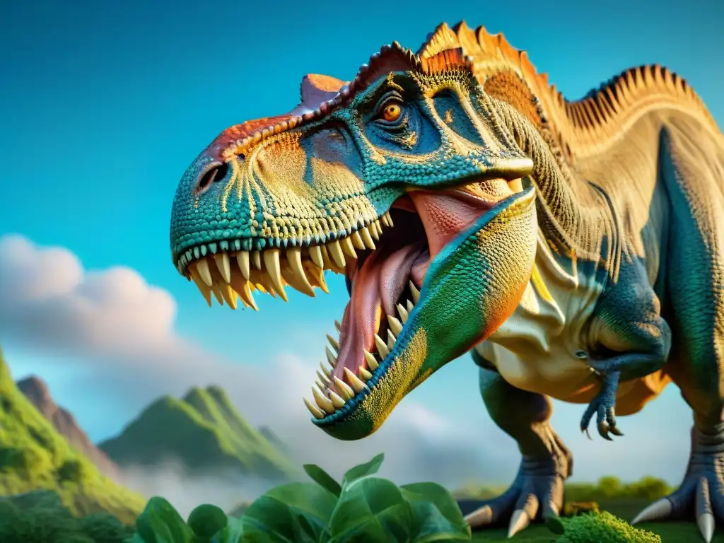 Un majestuoso Tyrannosaurus rex en realidad aumentada sobre un paisaje prehistórico, destacando las Apps educativas sobre dinosaurios