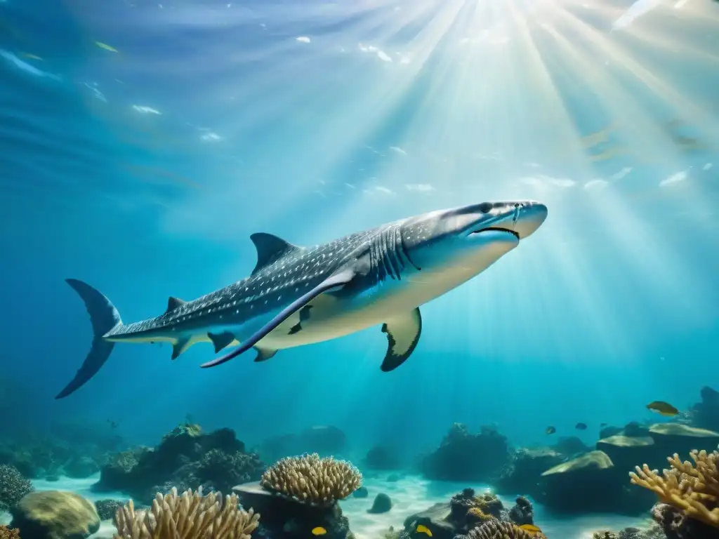 Esplendor prehistórico: Tylosaurus en el arrecife Un majestuoso Tylosaurus nada entre peces prehistóricos en un escenario submarino detallado