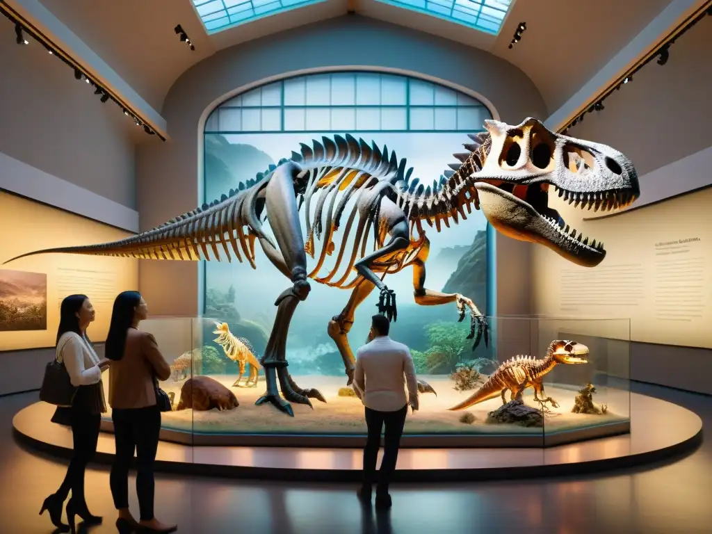 Majestuosos esqueletos de dinosaurios en un museo de historia natural, cautivando a visitantes de todas las edades