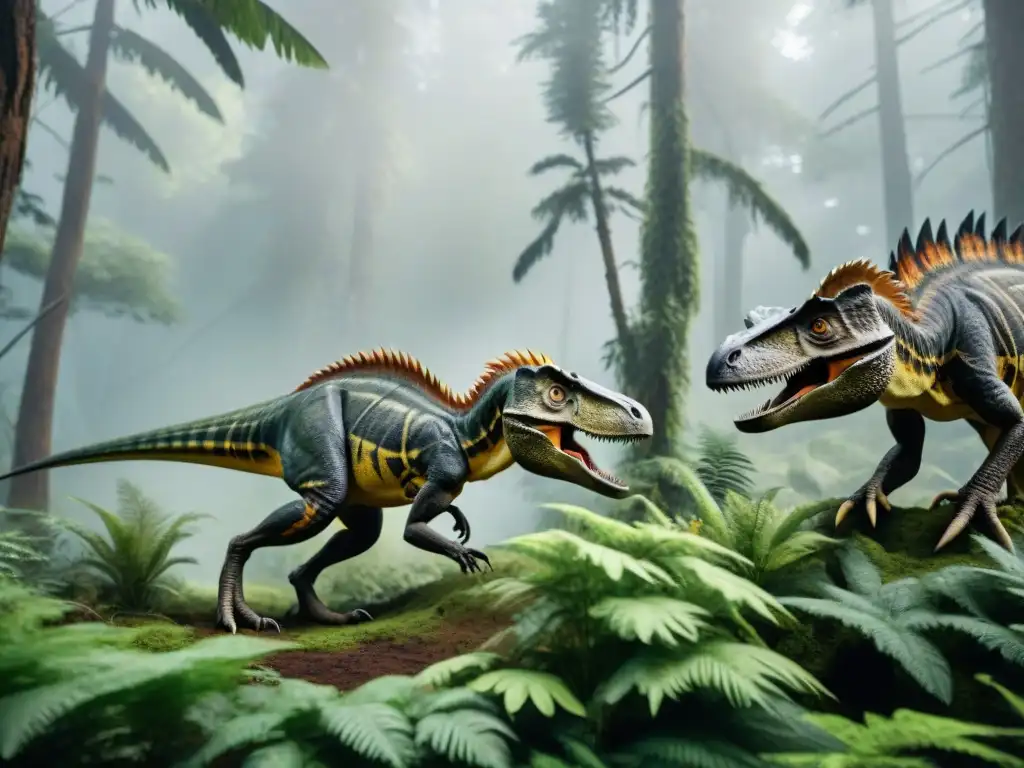Deinonychus en acción: estrategia de caza en el bosque del Cretácico Manada de Deinonychus estrategizando la caza en un denso bosque cretácico