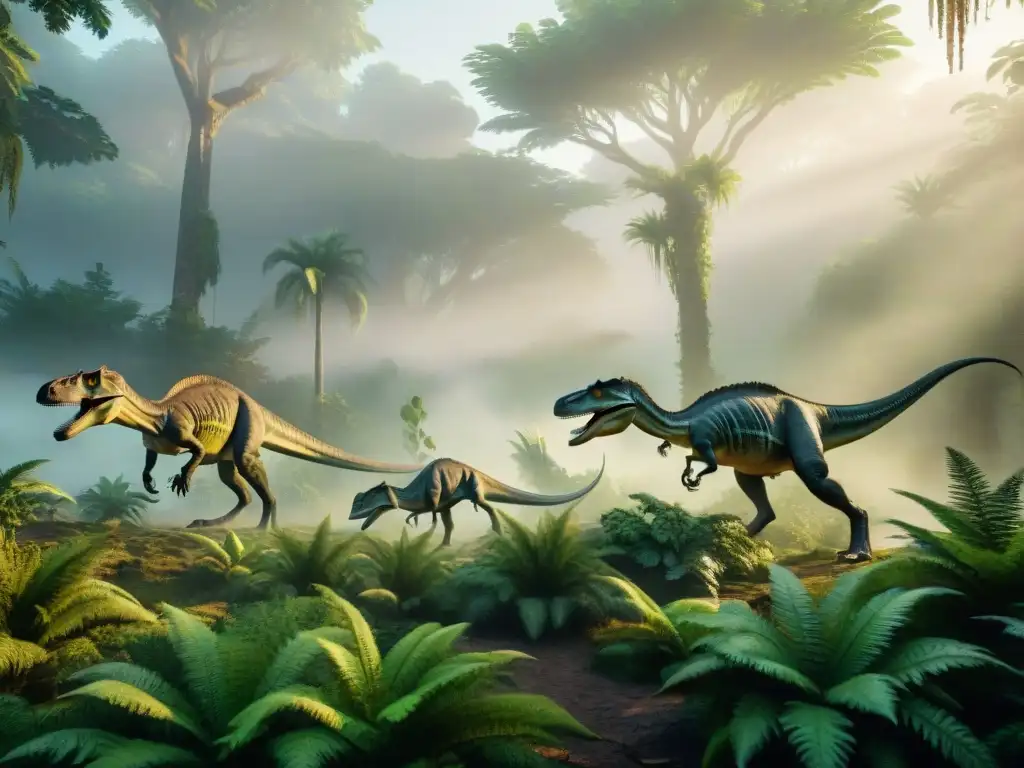 Manada de Coelophysis acechando a Plateosaurus en bosque del Triásico Manada de Coelophysis acechando a Plateosaurus en bosque Triásico al amanecer