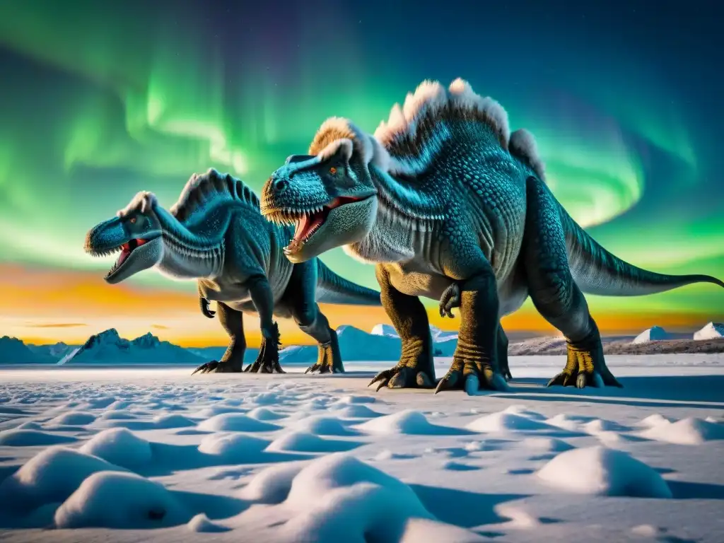 Manada de dinosaurios polares sobreviviendo juntos en la oscuridad helada bajo la aurora boreal