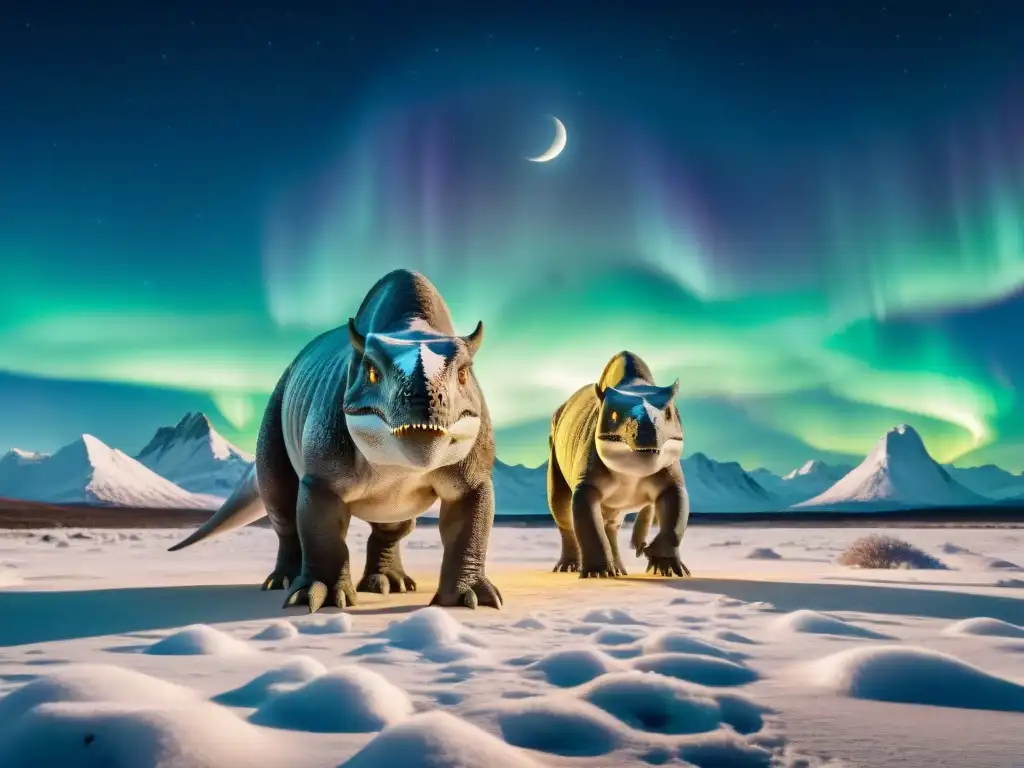 Manada de dinosaurios polares sobrevive en la oscuridad del Ártico bajo la aurora boreal