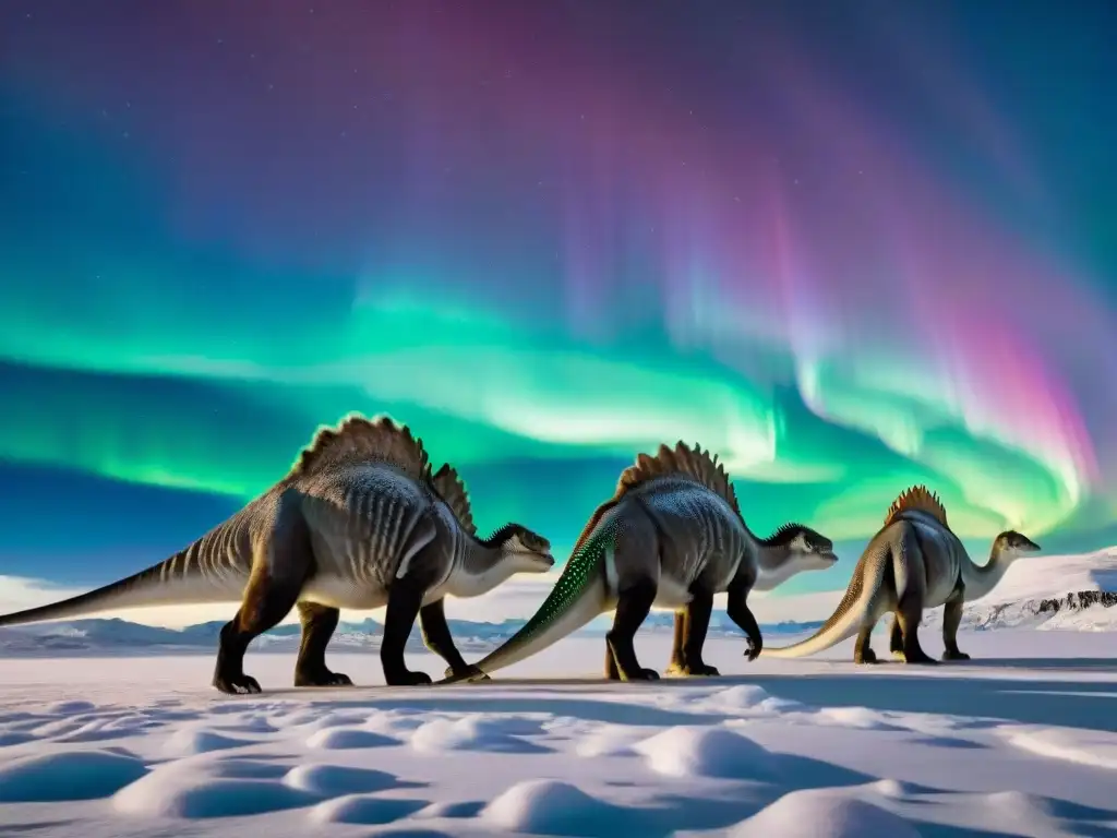 Manada de dinosaurios polares en la oscuridad, iluminados por la Aurora Boreal