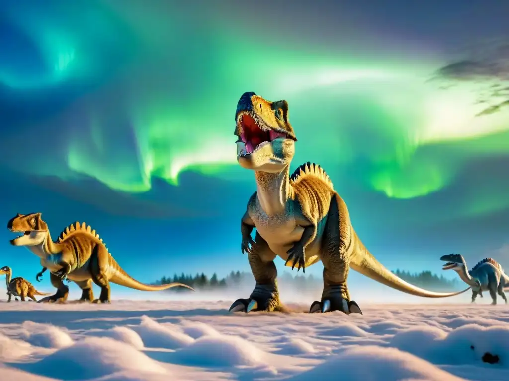 Manada de dinosaurios polares con plumas aislantes, ojos luminosos y adaptaciones únicas, sobreviviendo en la oscuridad helada bajo auroras boreales