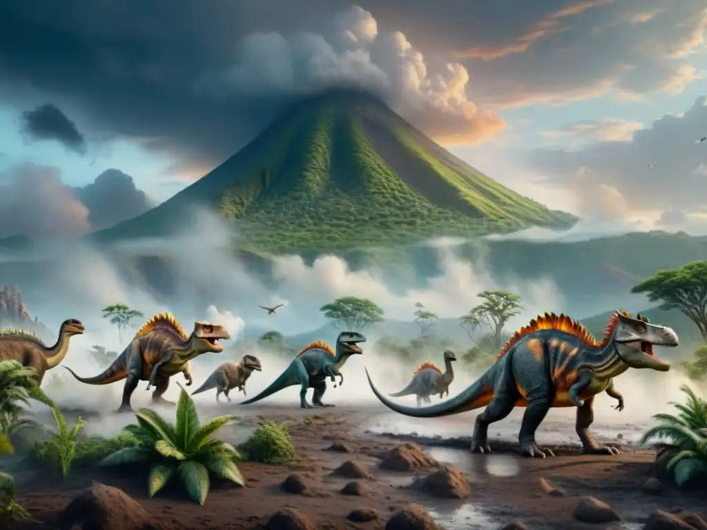 Extinción: Diversidad de dinosaurios en paisaje prehistórico 8k Manada diversa de dinosaurios en paisaje prehistórico bajo impactante clima tormentoso