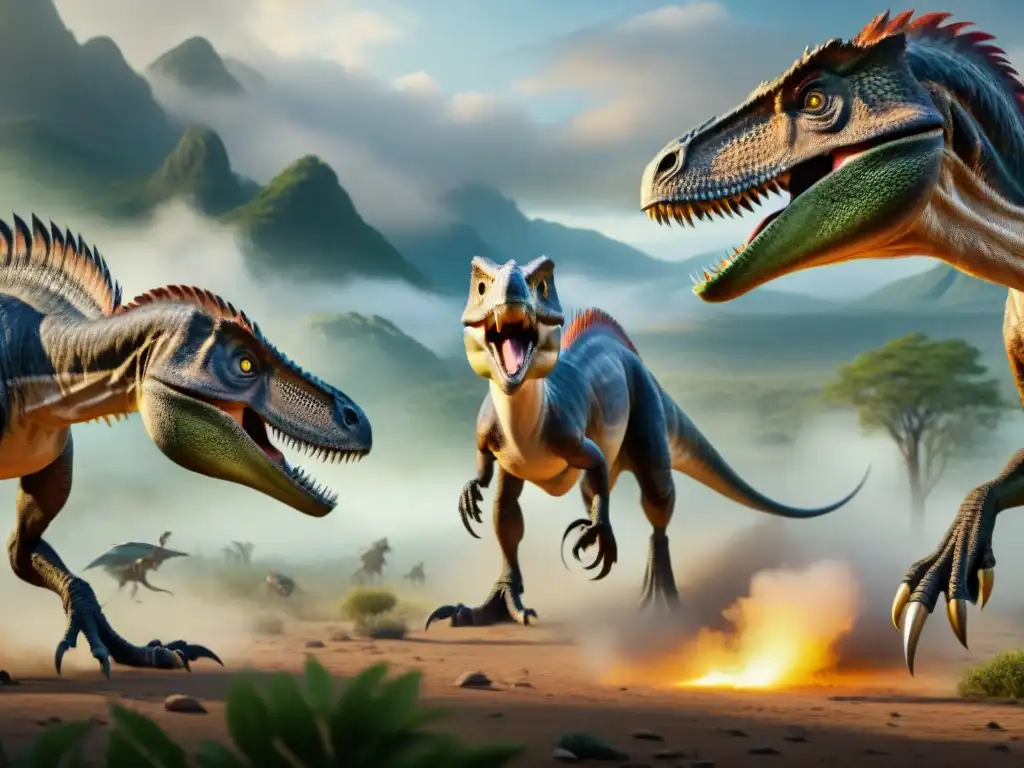 Caza mortal: manada de Deinonychus acechando a su presa Manada de Deinonychus acechando a su presa en un tenso comportamiento de caza