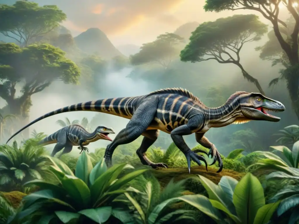 Manada de Velocirraptores en caza estratégica en la prehistoria Manada de Velocirraptores cazando en grupo, con uno liderando y los demás flanqueando, en un escenario prehistórico vibrante