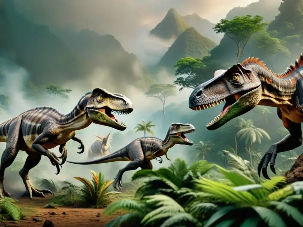 Velocirraptores cazadores: estrategias ancestrales en la jungla Manada de Velocirraptores en la selva prehistórica, mostrando evolución estrategias caza dinosaurios