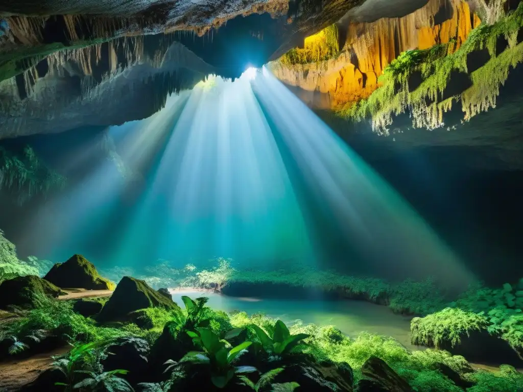 Maravillas de la cueva Son Doong: belleza subterránea en Vietnam Maravillosas formaciones de piedra caliza en la cueva Son Doong en Vietnam, con luz solar filtrándose y revelando una selva subterránea exuberante