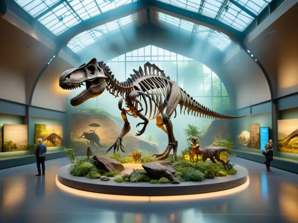 Maravilloso ecosistema prehistórico en un museo de historia natural con dinosaurios y criaturas antiguas