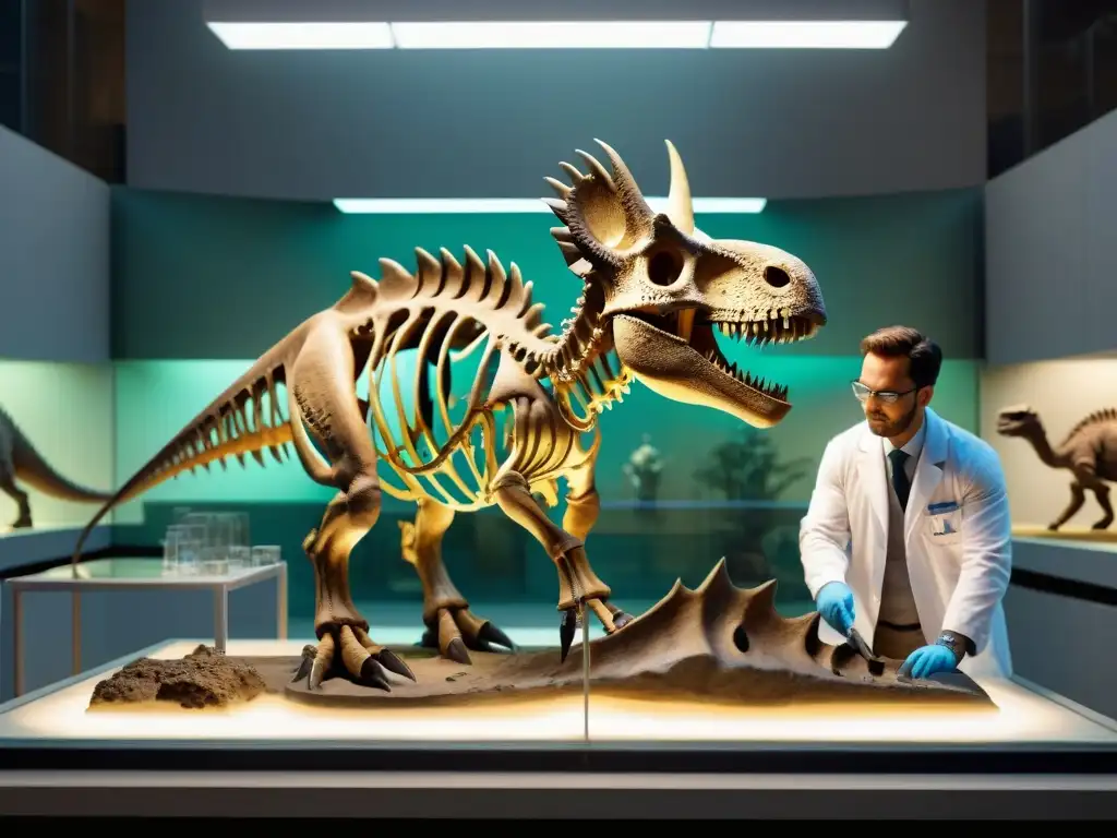 Reconstrucción minuciosa de esqueleto de Triceratops en laboratorio La meticulosa representación de un esqueleto de Triceratops reconstruido por paleontólogos en un laboratorio de museo