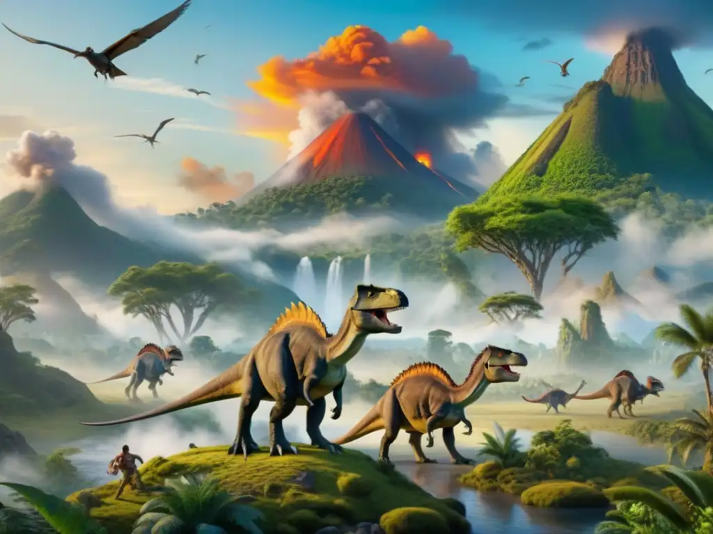 Éxodo prehistórico: épico viaje de dinosaurios en tierras ancestrales Una migración de dinosaurios en paleontología: un épico viaje prehistórico con erupción volcánica de fondo
