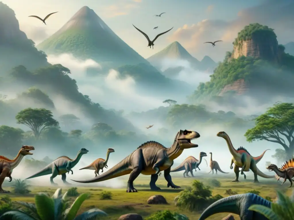 Épica migración de dinosaurios en valle prehistórico Una migración de dinosaurios en paleontología: una manada diversa avanza por un paisaje prehistórico lleno de detalle