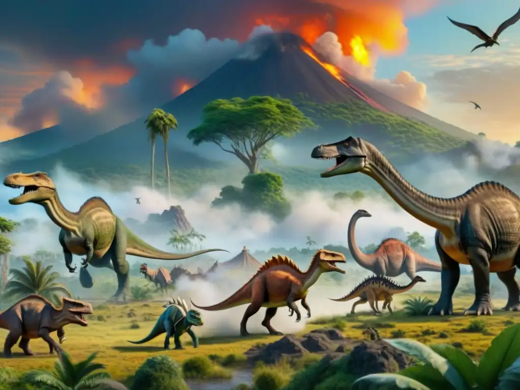 Éxodo de dinosaurios: migración prehistórica épica Una migración épica de dinosaurios a través de un paisaje prehistórico exuberante