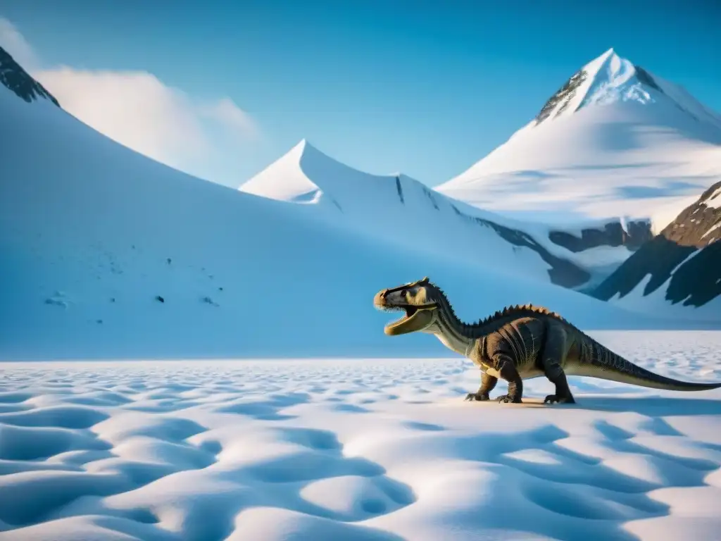 Descubre los fósiles de dinosaurios en el remoto paisaje helado de Thule Misterios de Thule y dinosaurios: Paisaje helado de Thule con fósiles antiguos parcialmente enterrados en la nieve, evocando un enigma prehistórico