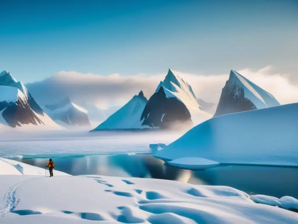 Misterio helado: paisaje glacial en Thule con fósil de dinosaurio Misterios de Thule y dinosaurios: paisaje helado con icebergs, montañas nevadas y fósil de dinosaurio entre la nieve y la niebla
