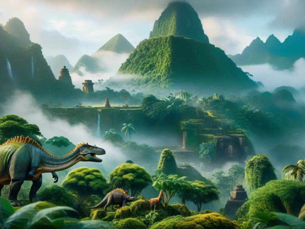 Ruinas ancestrales y dinosaurios en la selva vibrante Los misteriosos mundos perdidos cobran vida con la presencia de dinosaurios imaginarios en la exuberante jungla