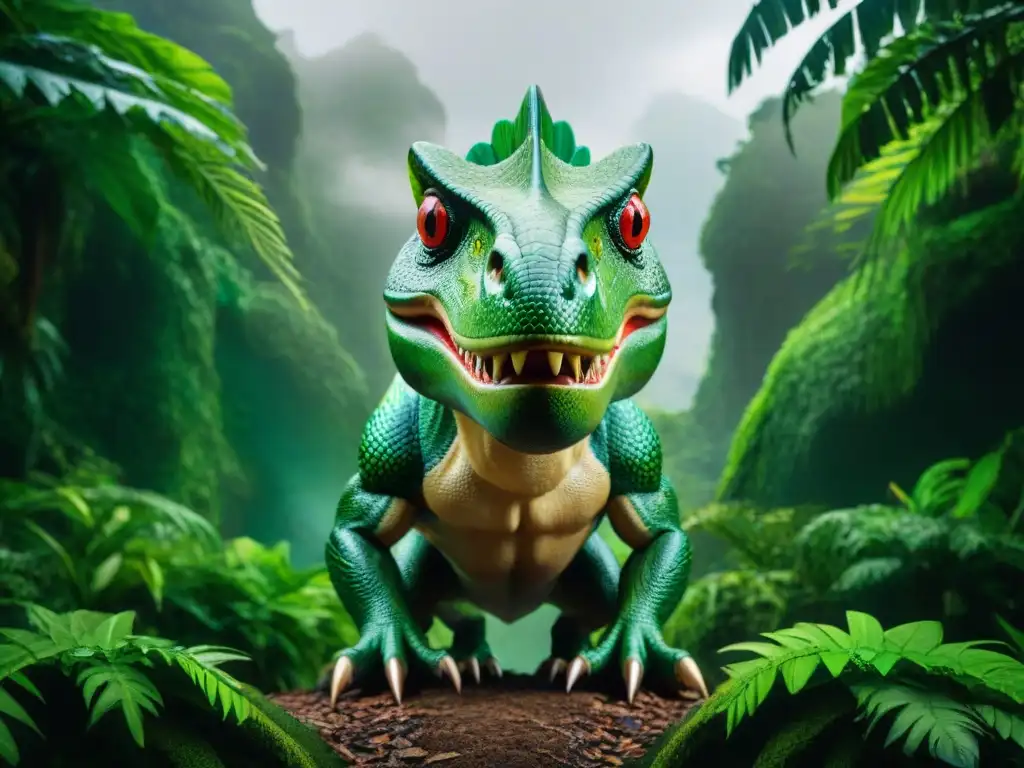 Criatura amazónica mítica con escamas verdes vibrantes y ojos rojos, en un exuberante escenario tropical