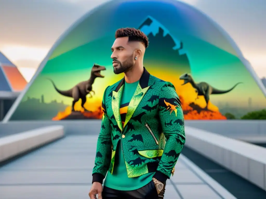 Influencer de moda con outfit de dinosaurios en entorno urbano Influencer de moda con atuendo de dinosaurios en entorno urbano con arquitectura futurista