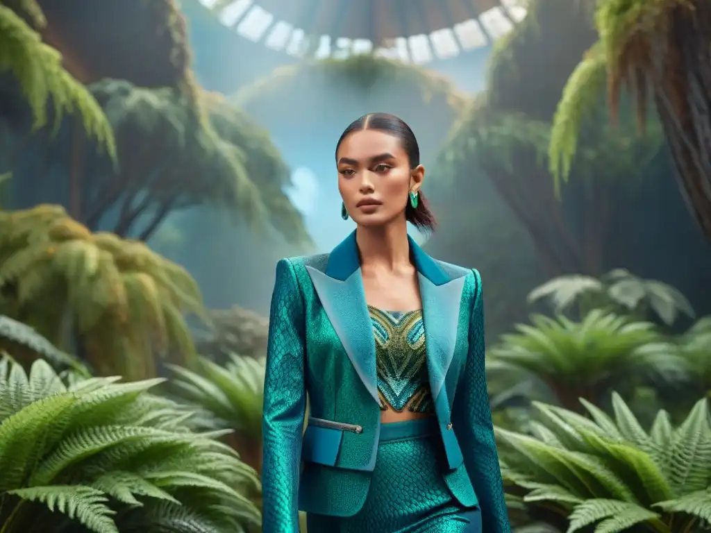 Moda futurista: Modelo con diseño inspirado en velociraptor Un modelo de moda lleva un atuendo moderno inspirado en la textura y colores de un velociraptor, en un ambiente prehistórico