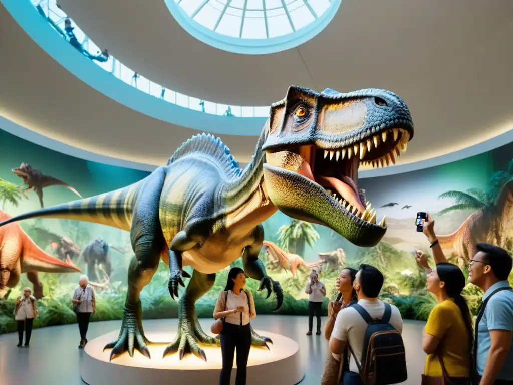 Multitud fascinada por un TRex animatrónico en exposición, revolucionando la percepción de dinosaurios en la cultura popular