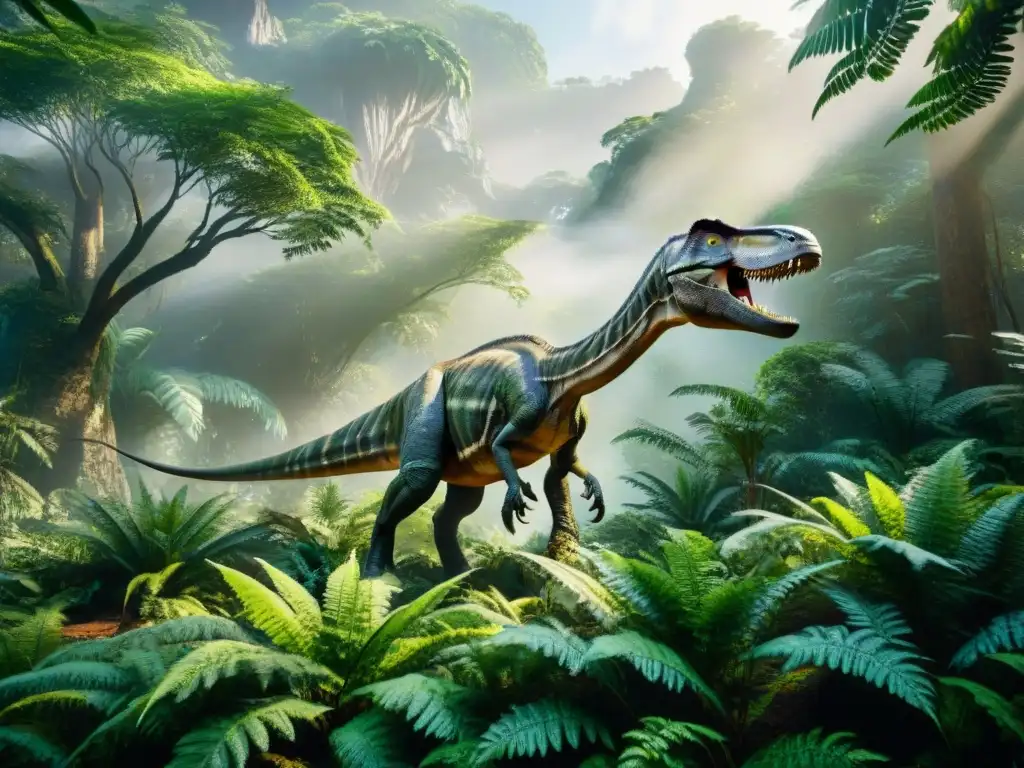 Jungla prehistórica repleta de dinosaurios y misterio Un mundo perdido de jungla prehistórica rebosante de helechos gigantes y dinosaurios imaginarios