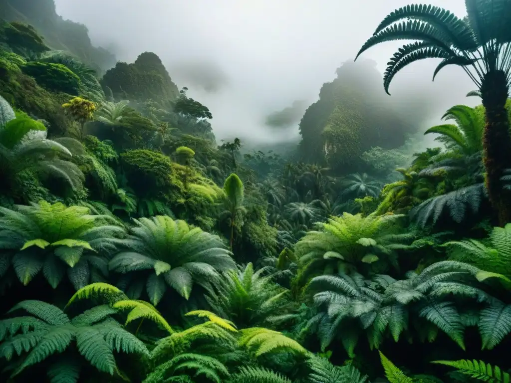 Jungla prehistórica misteriosa con dinosaurios ocultos Descubre un mundo perdido en la jungla prehistórica: helechos, cicadáceas y siluetas de dinosaurios